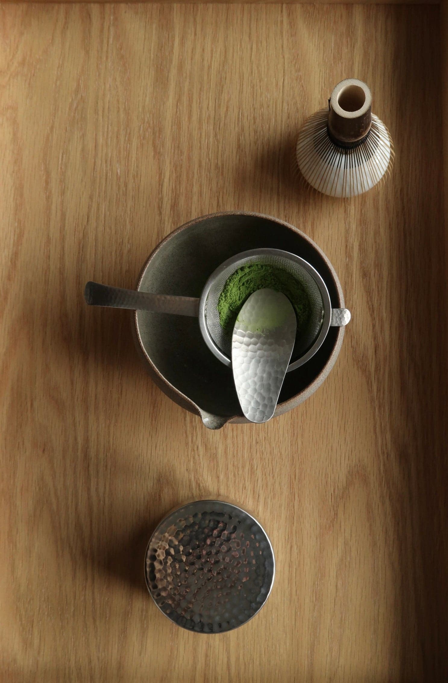 Matcha tea preparation — overhead view